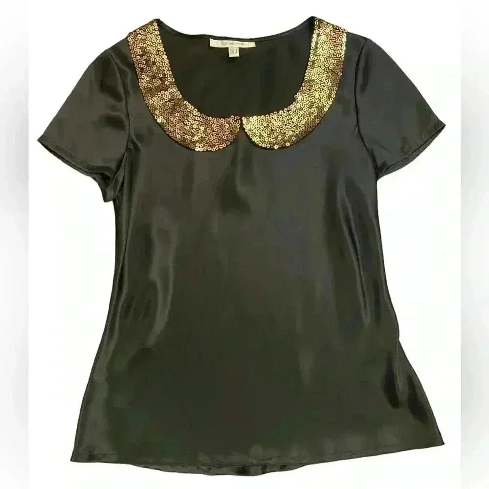 L.K. Bennett Silk Gold Sequin Collar Blouse